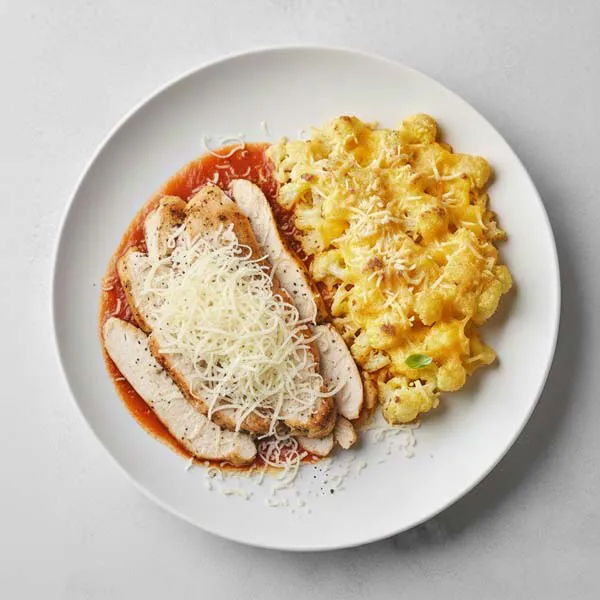 Keto Pizzaiola Chicken with Fresh Mozzarella and Cheesy Cauliflower Gratin